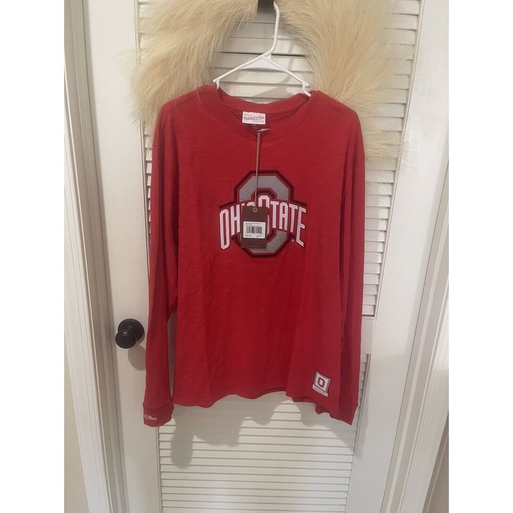 Mitchell Ness Ohio State Buckeye Shirt Mens Medium Red Crew Neck Long Sleeve $55